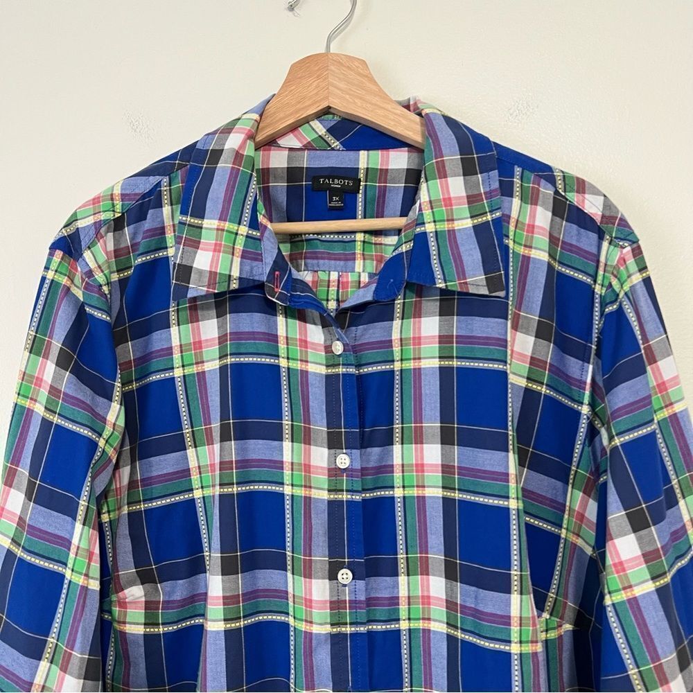 Talbots 100% Cotton Plaid Button Up Shirt Long Sleeve Plus Size 3X Blue Green - Picture 3 of 7